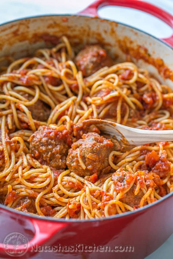 spaghetti and meatballs in pot