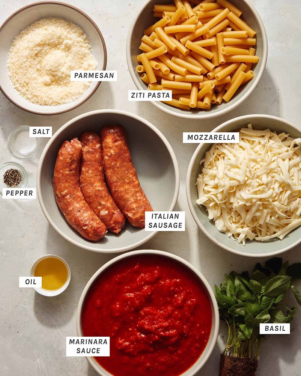 Ingredients to make baked ziti.