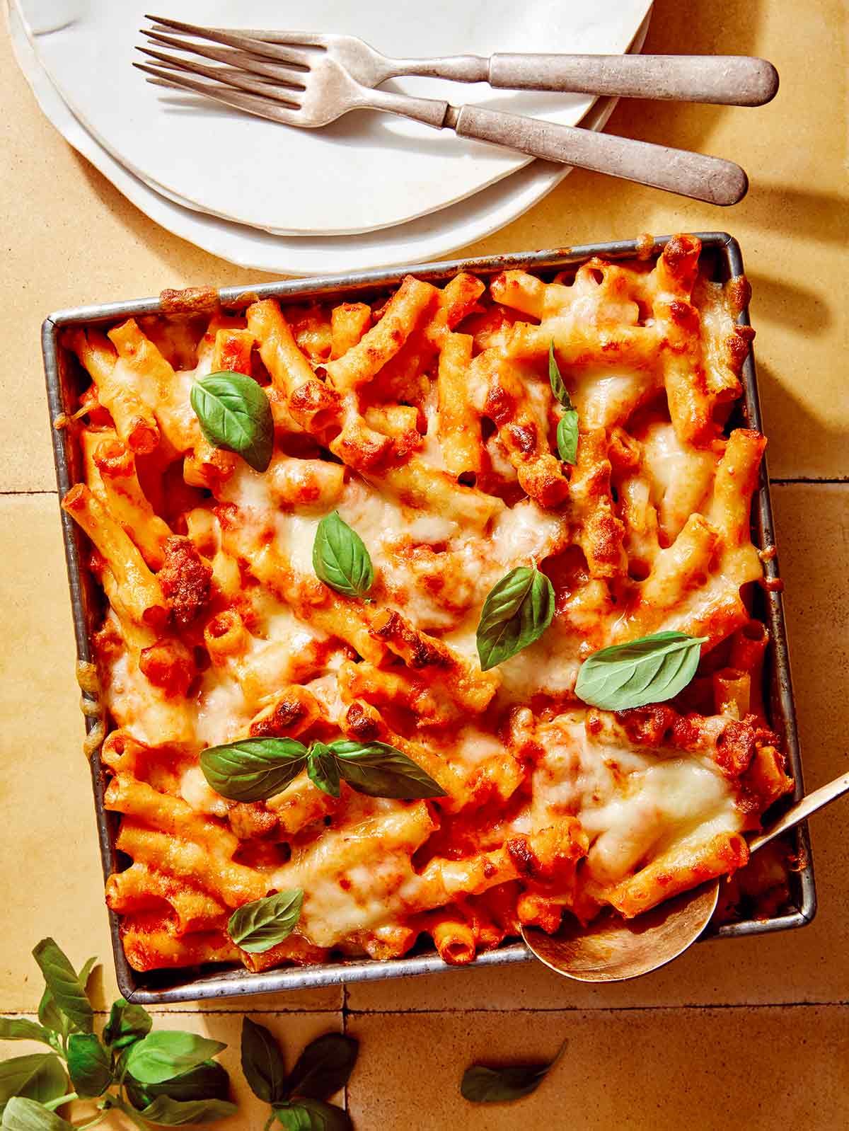 Baked ziti in a baking dish.
