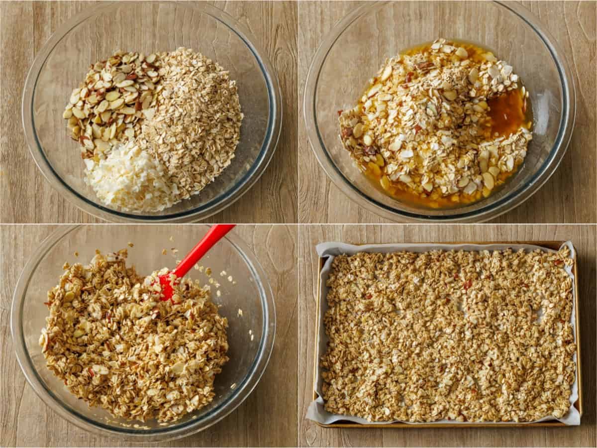 This Homemade Granola Recipe is one of my family's go-to healthy breakfast recipes because it's quick to make and ready to eat all week long. How to mix breakfast oat topping in a bowl and spread onto a baking sheet tutorial