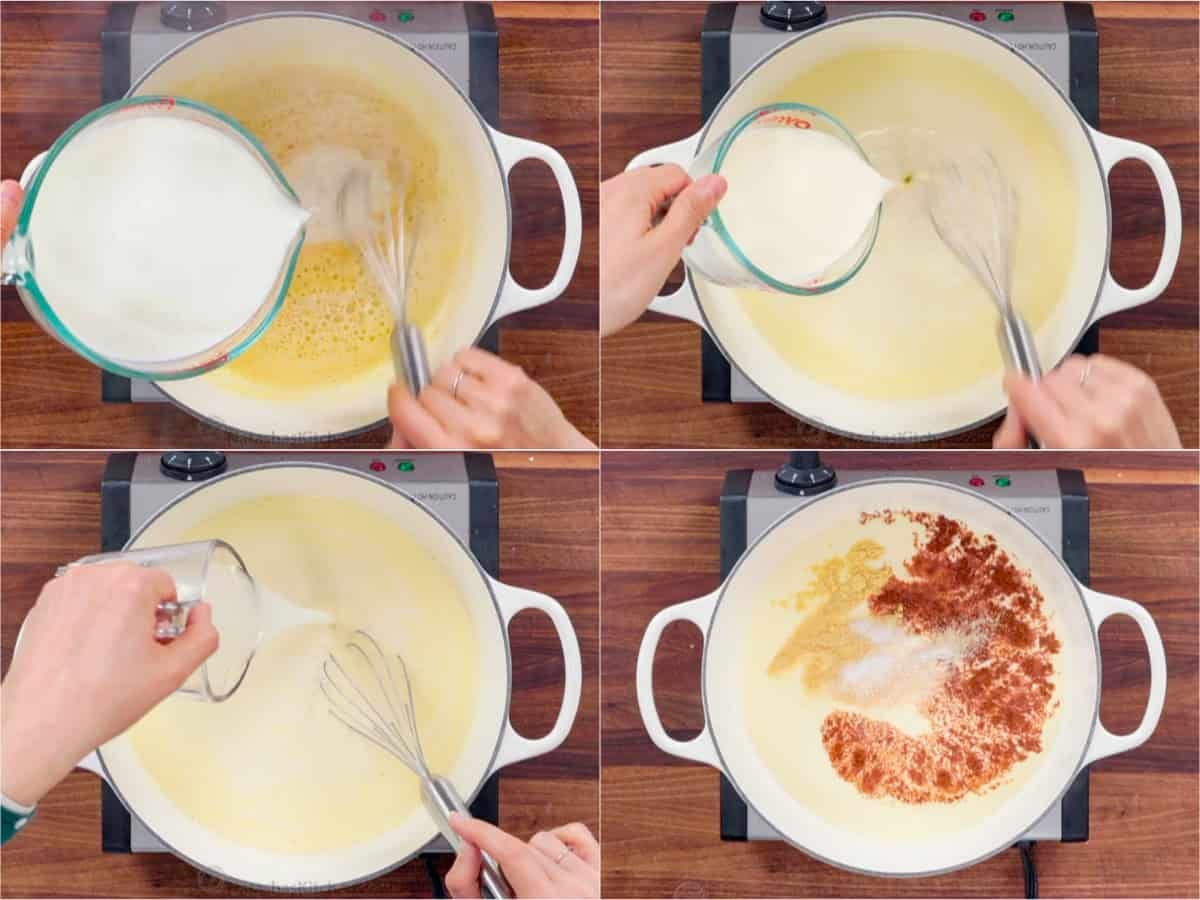 My Easy homemade Baked Mac and Cheese swaps the breadcrumbs for a crowd-pleasing cheese topping. It's perfectly gooey and easy to make. How to make cheesy sauce in steps from slowly adding the milk to adding spices