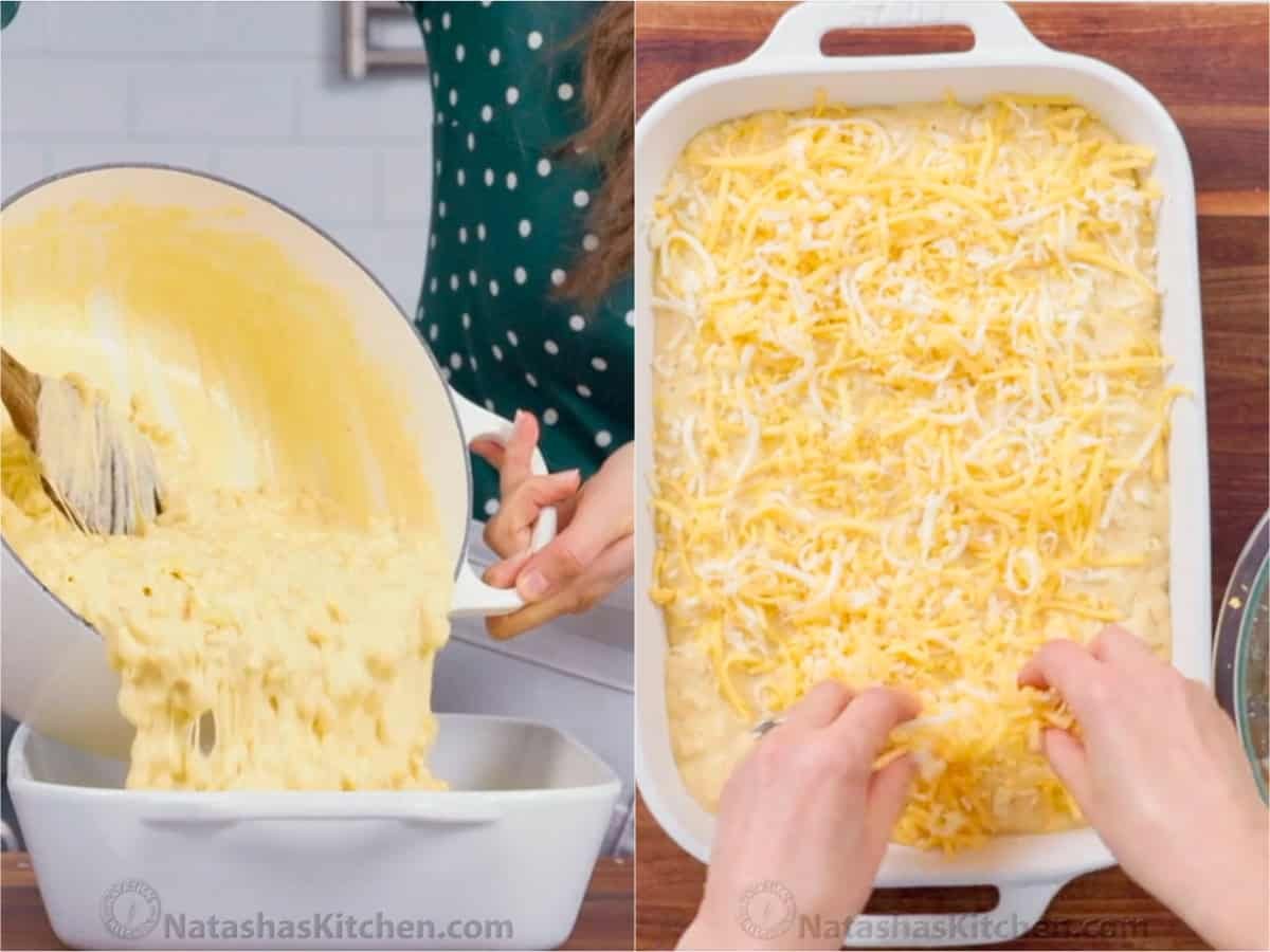 My Easy homemade Baked Mac and Cheese swaps the breadcrumbs for a crowd-pleasing cheese topping. It's perfectly gooey and easy to make. Pouring the Baked Mac and Cheese mixture into a casserole dish and topping with shredded cheesy mixture