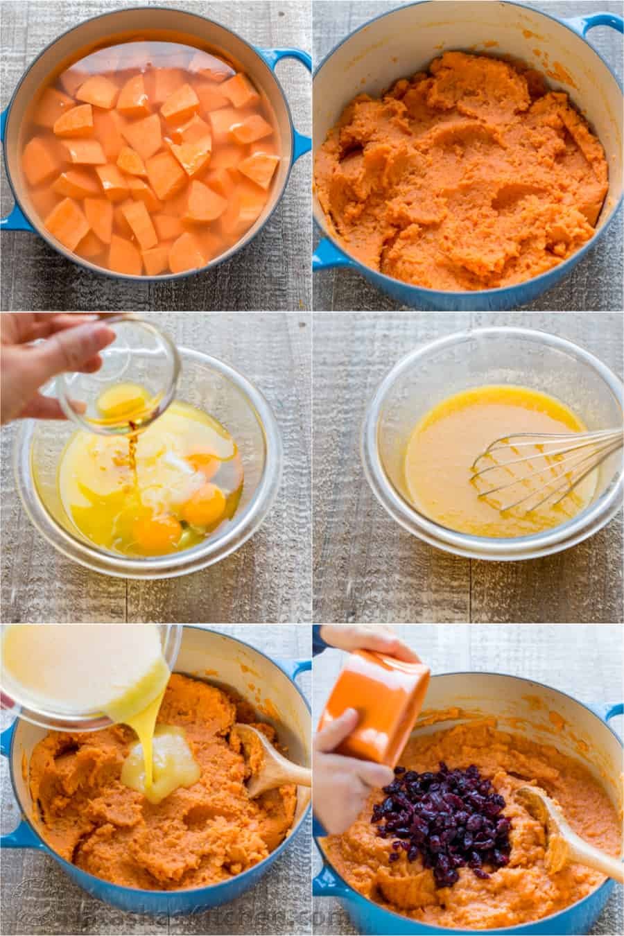 Sweet Potato Casserole with irresistible crunchy pecan topping. This sweet potato bake is smooth and puffs up while baking. A favorite Thanksgiving side! #sweetpotatocasserole #sweetpotatocasserolerecipe #sweetpotato #sweetpotatorecipes #natashaskitchen #thanksgiving #christmas How to Make Sweet potato casserole step by step photos