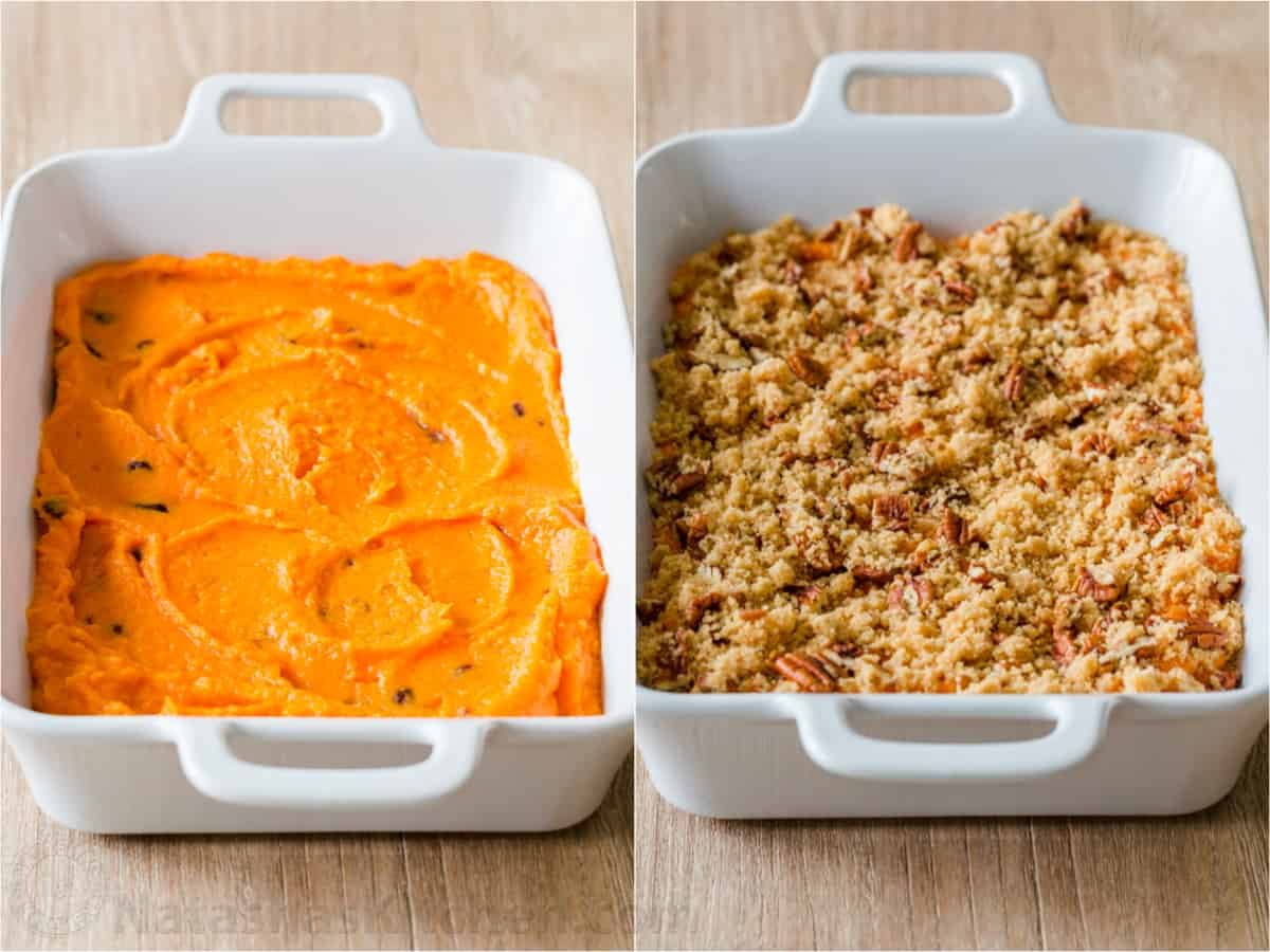 Sweet Potato Casserole with irresistible crunchy pecan topping. This sweet potato bake is smooth and puffs up while baking. A favorite Thanksgiving side! #sweetpotatocasserole #sweetpotatocasserolerecipe #sweetpotato #sweetpotatorecipes #natashaskitchen #thanksgiving #christmas Sweet potatoes before and after topping