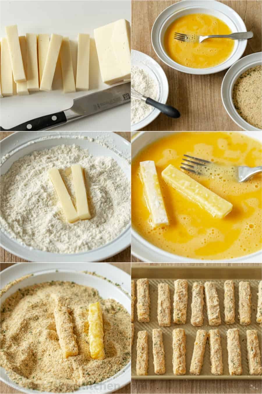 Homemade mozzarella sticks are irresistibly crispy on the outside and gooey and melty in the middle. The ultimate snack or party appetizer! Photo collage showing the process for dredging the cheese sticks in breading.