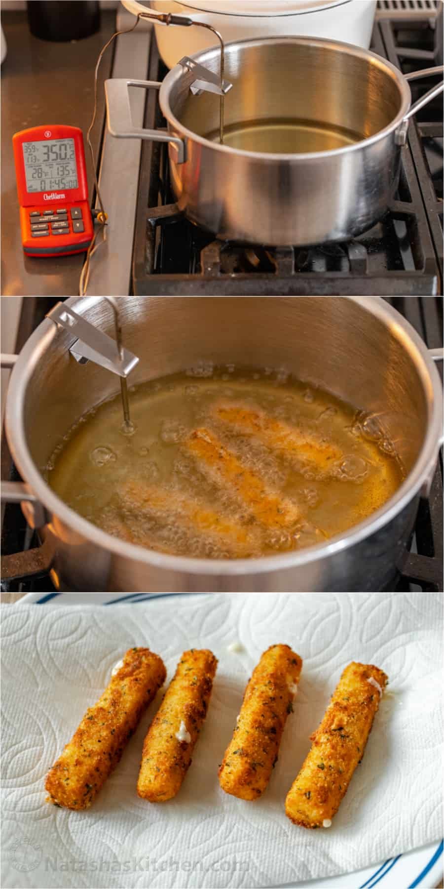 Homemade mozzarella sticks are irresistibly crispy on the outside and gooey and melty in the middle. The ultimate snack or party appetizer! Photo collage showing the process for deep frying mozzarella cheese sticks.