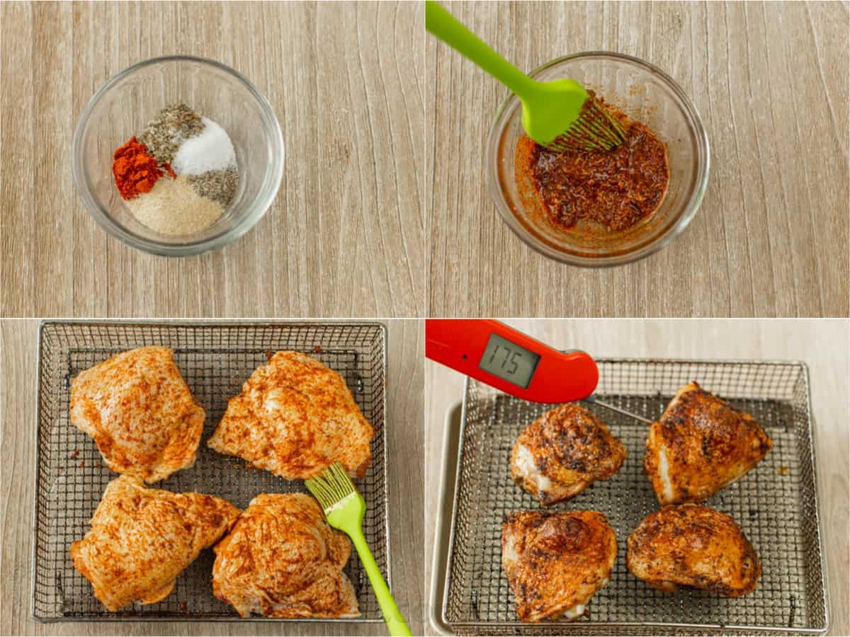 Air fryer chicken thighs are juicy, perfectly seasoned, and ready in a fraction of the time it takes to bake chicken thighs in the oven. Photo collage showing the process of making the seasoning rub and preparing the chicken thighs for the air fryer.