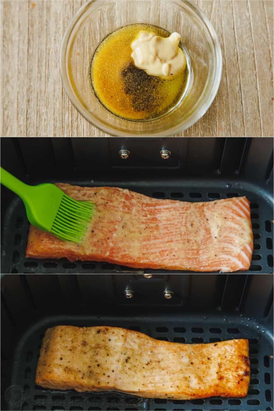 Air Fryer Salmon is one of the best ways to cook salmon! Have juicy, perfect salmon on the table in 10 minutes with this easy dinner recipe. A green rubber marinade brush coats a salmon fillet with lemon Dijon glaze, inside the air fryer.