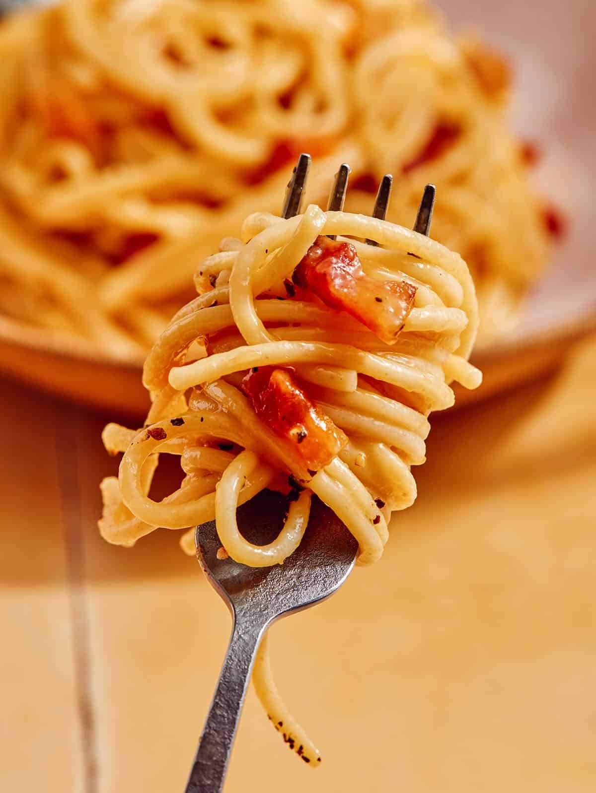 Carbonara wound onto a fork.