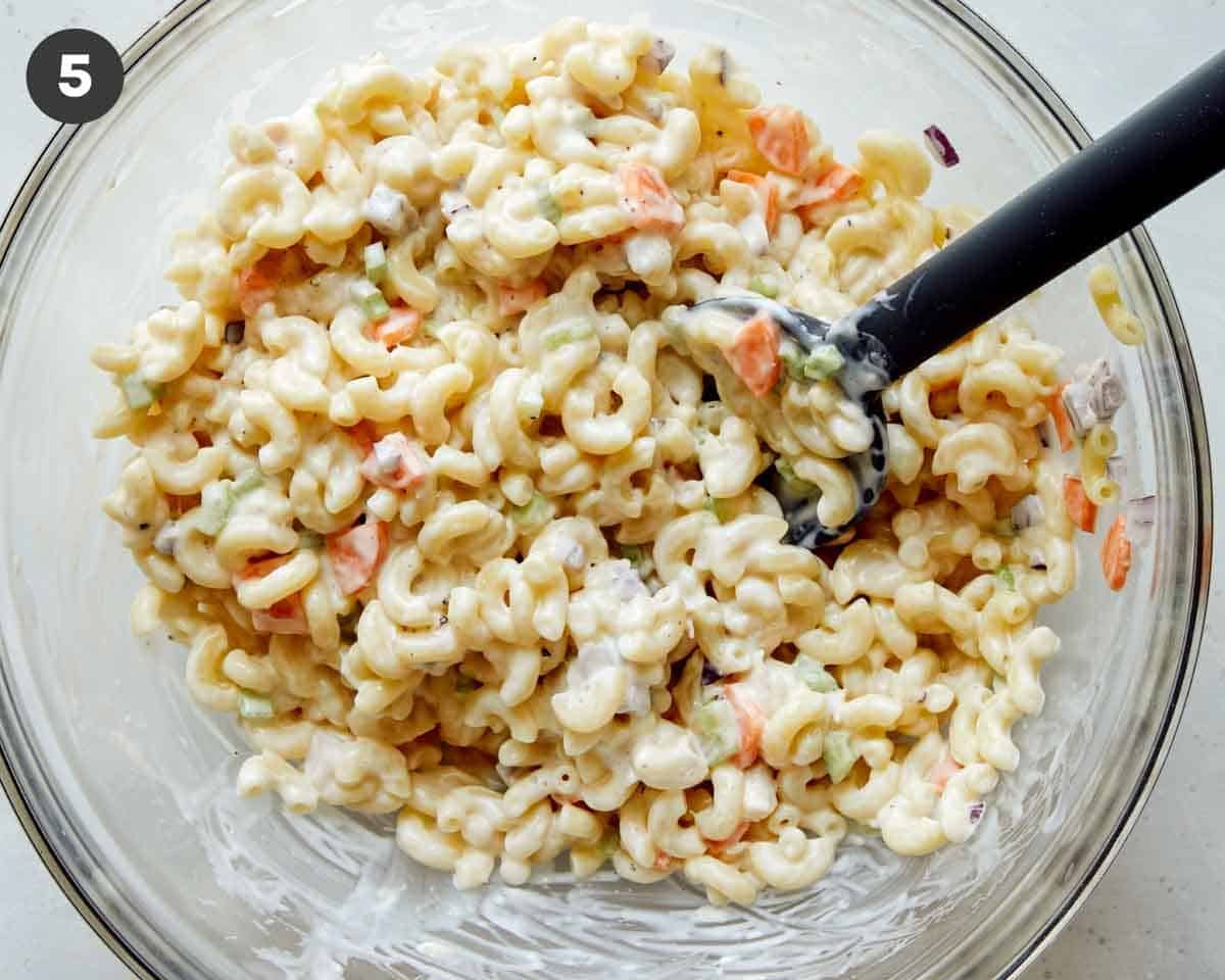 Hawaiian style macaroni salad in a bowl.
