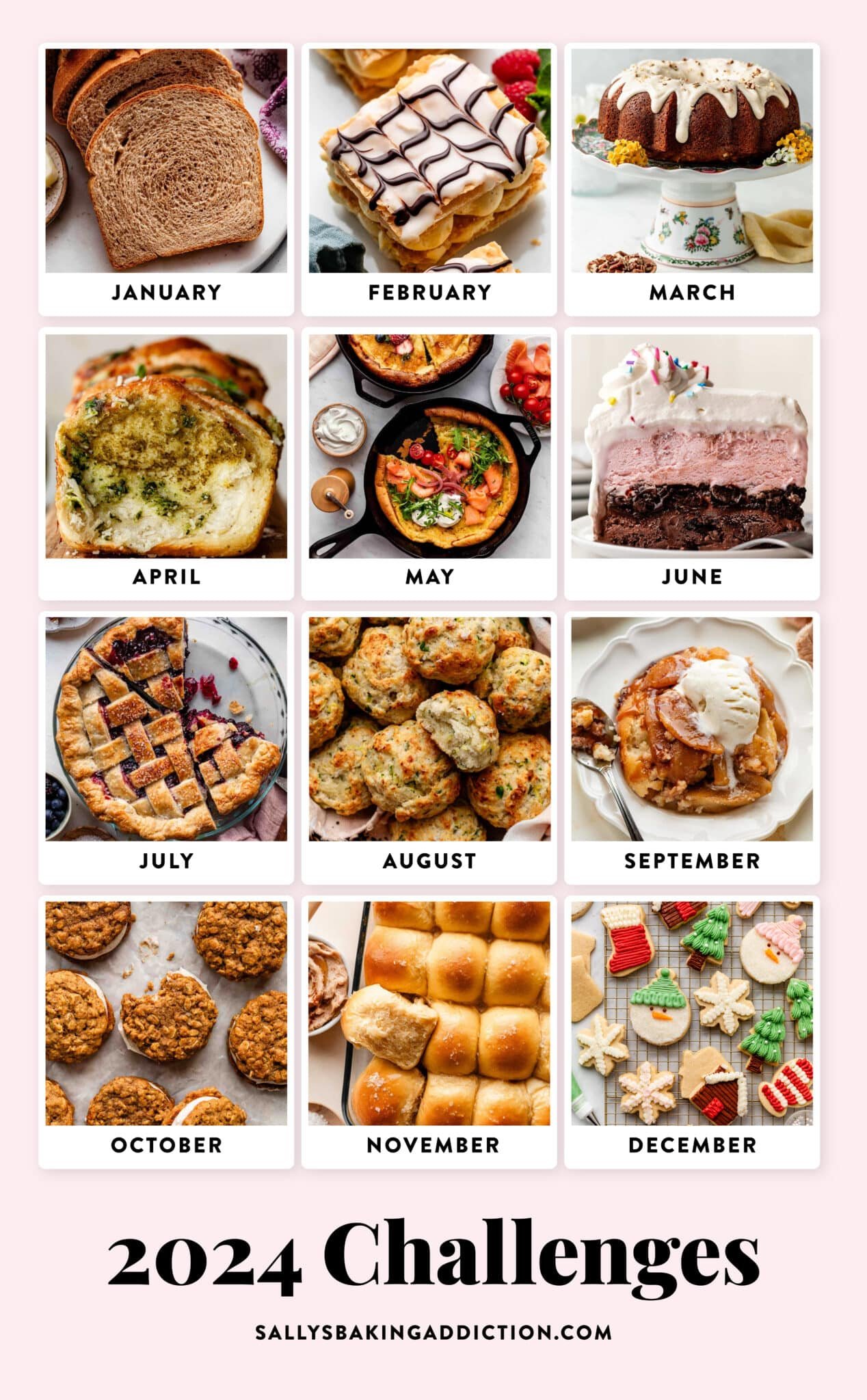 collage of baking recipes for 2024 Sally's Baking Challenge.