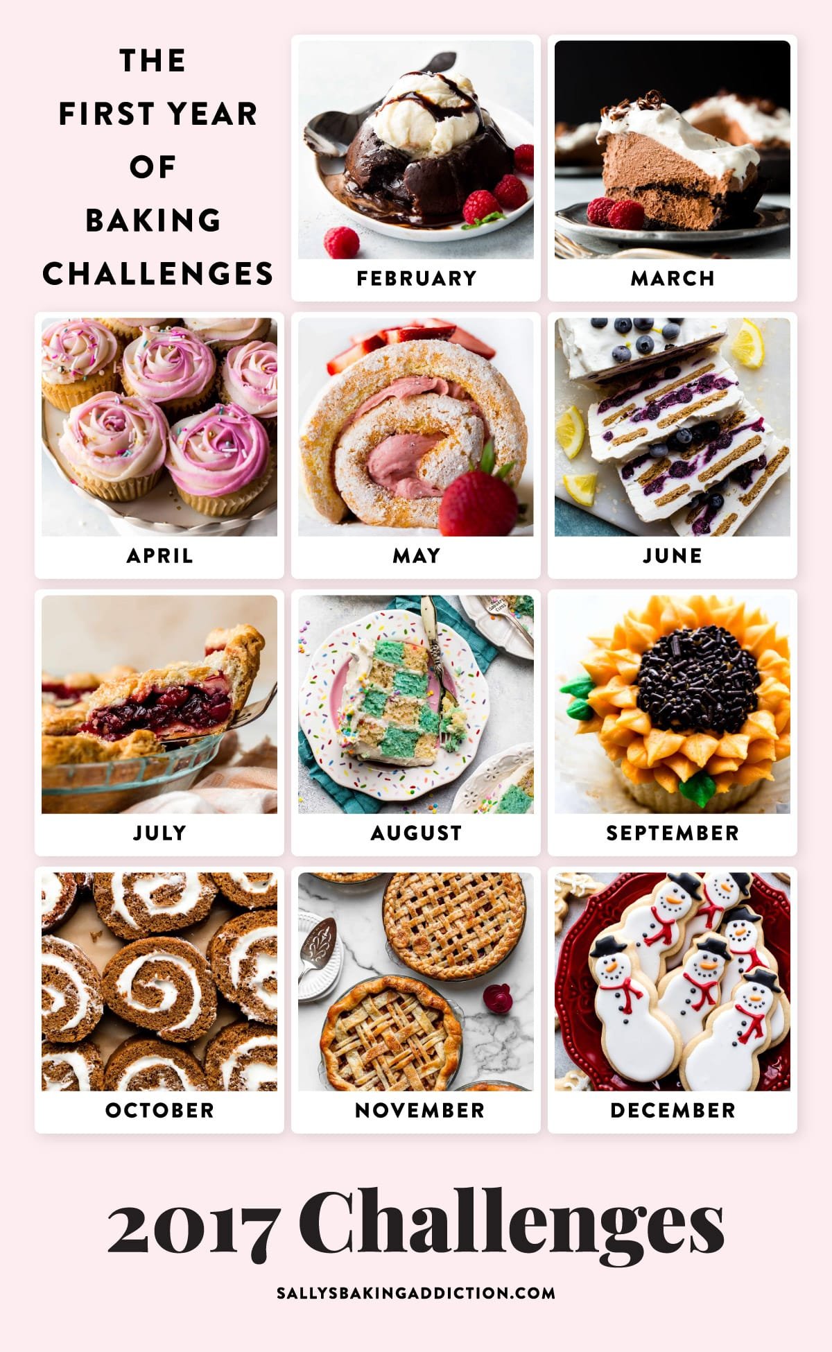 Photos of all of the 2017 Sally's Baking Challenge Recipes with months written out.
