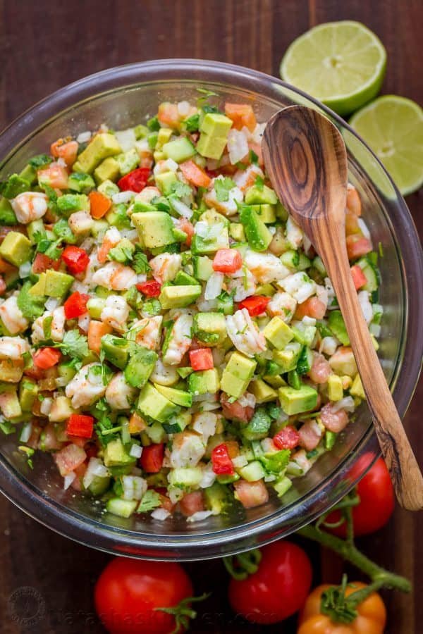 This Avocado Shrimp Salsa is a party favorite! Loaded with shrimp, avocado and a surprising ingredient! Easy, excellent avocado shrimp salsa video recipe. | natashaskitchen.com
