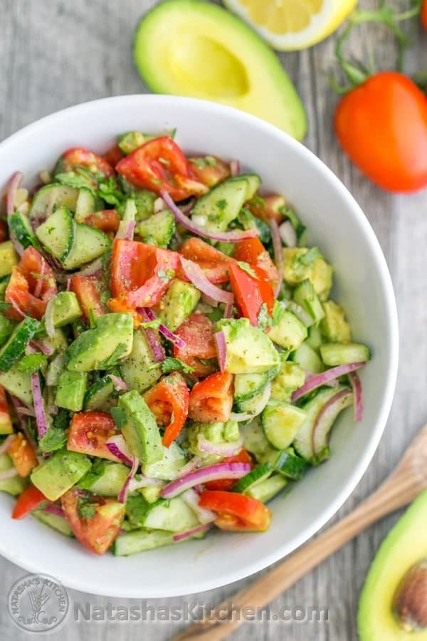 This Cucumber Tomato Avocado Salad recipe is a keeper! Easy, Excellent Salad | natashaskitchen.com