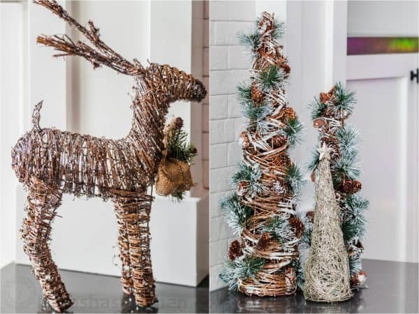 Christmas decorations; a reindeer and three Christmas trees 