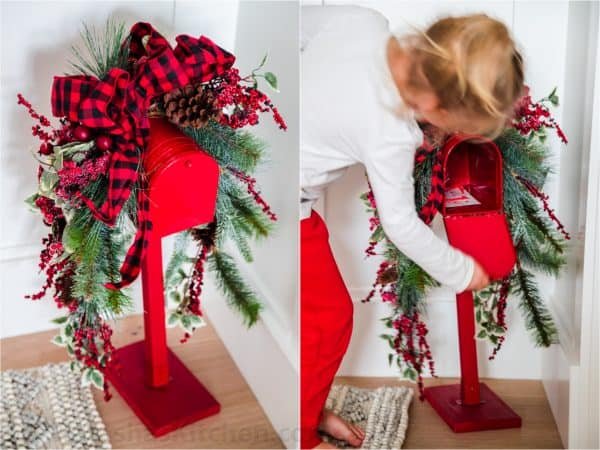 Two photos side, one with a Christmas mailbox and one of a girl opening the mail box