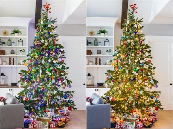 Two photos side by side one of an unlit Christmas tree and one of a lit tree 