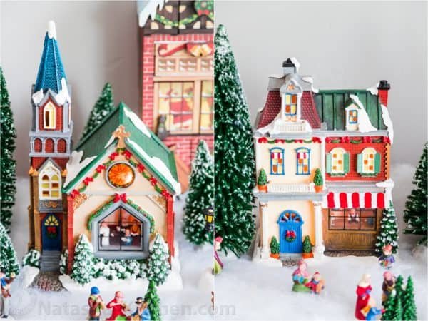 Two photos side by side of Christmas houses and figurines 