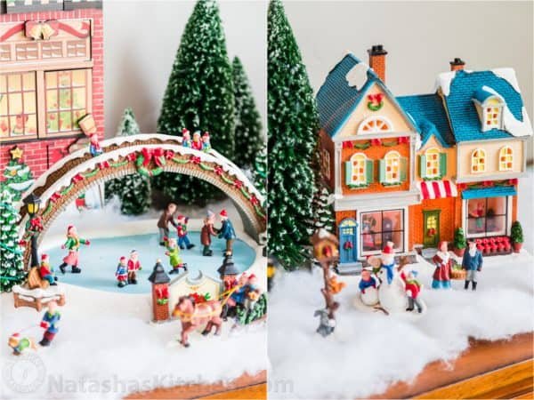 Two photos side by side of Christmas decor figurines
