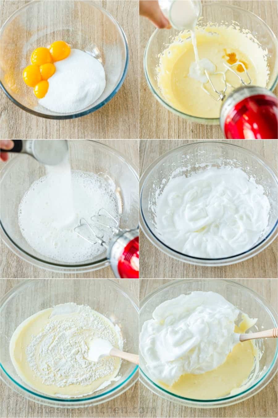 Tres Leches Cake has a soft and ultra-moist crumb. This authentic Tres Leches Cake recipe is soaked with a 3 milk mixture and topped with whipped cream. #tresleches #treslechescake #treslechescakerecipe #mexicancake #cake #cakerecipe #moistcake #natashaskitchen step by step instructions for how to make tres leches cake in 3 bowls