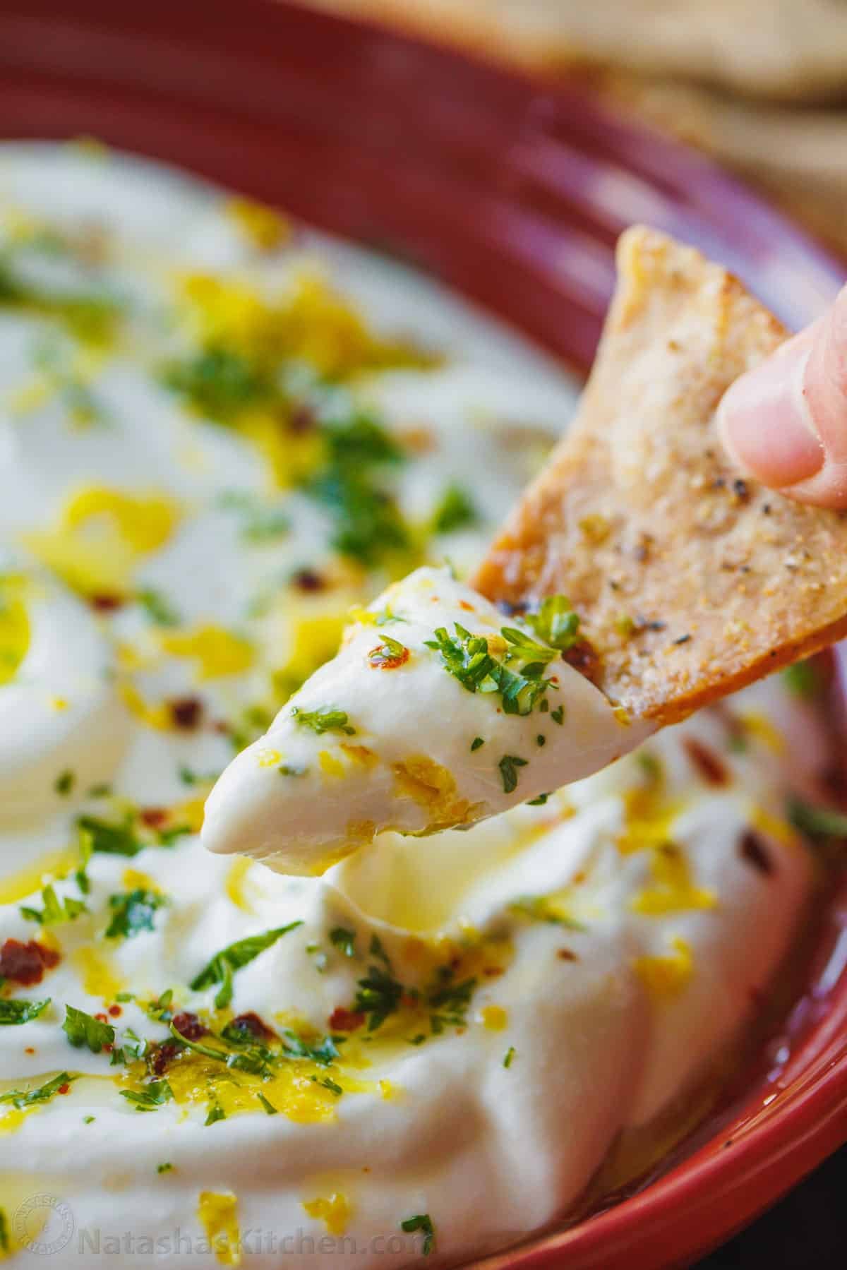 whipped feta dip on a pita chip