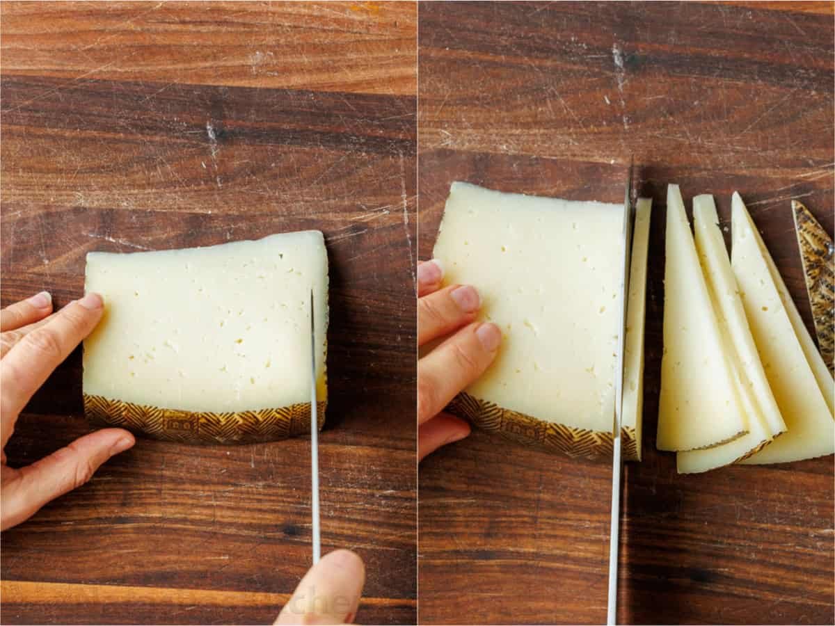 Easy manchego cheese bites with fig preserves and prosciutto take less than 5 minutes to make, but they look elegant and taste divine! Cutting the rind off of a wedge of Manchego Cheese and then cutting into slices