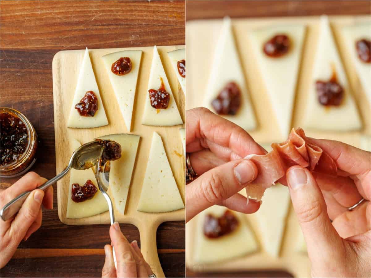 Easy manchego cheese bites with fig preserves and prosciutto take less than 5 minutes to make, but they look elegant and taste divine! How to build Manchego Cheese Bites appetizers on a cutting board with fig jam and prosciutto