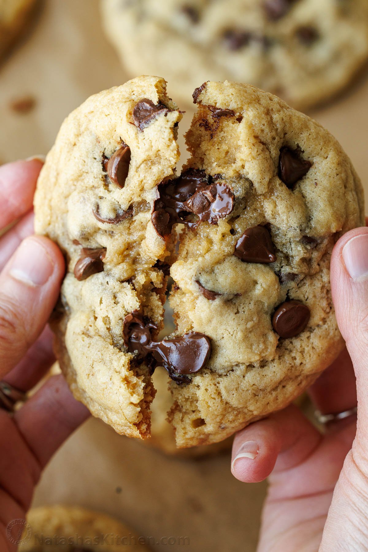 Soft-chewy sourdough chocolate chip cookies made with discard and loaded with chocolate chips. Step-by-step photos and easy video tutorial. gooey sourdough chocolate chip cookie broken in half by two hands