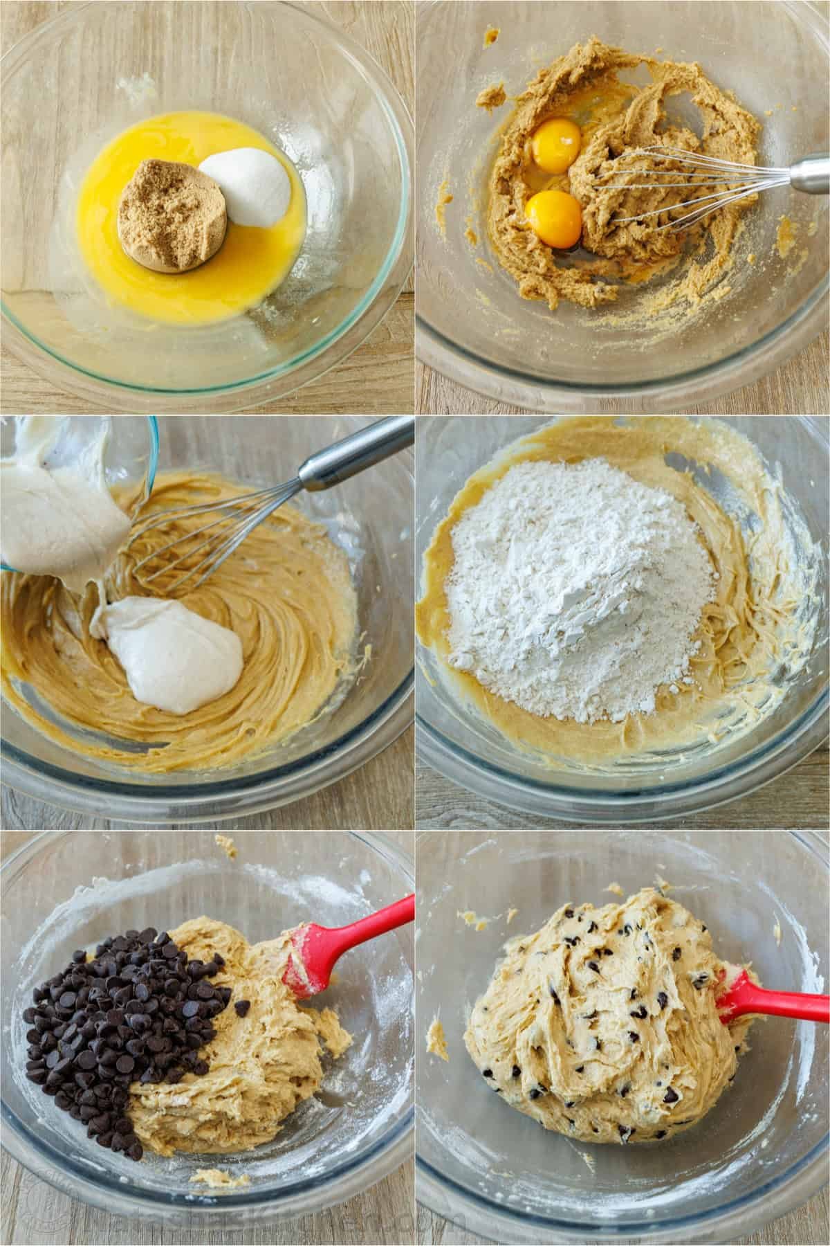 Soft-chewy sourdough chocolate chip cookies made with discard and loaded with chocolate chips. Step-by-step photos and easy video tutorial. how to make sourdough discard chocolate chip cookies from mixing the dough to folding in the chocolate chips
