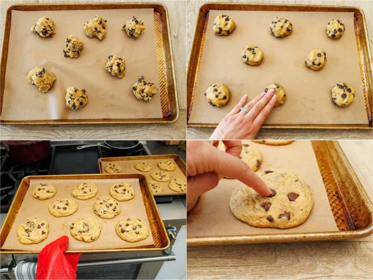 Soft-chewy sourdough chocolate chip cookies made with discard and loaded with chocolate chips. Step-by-step photos and easy video tutorial. Step-by-step pictures on baking classic desserts on baking sheets
