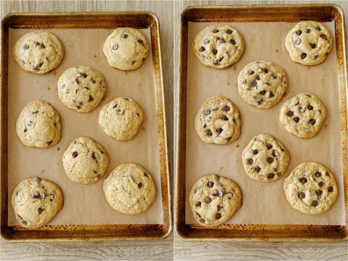 Soft-chewy sourdough chocolate chip cookies made with discard and loaded with chocolate chips. Step-by-step photos and easy video tutorial. side by side images using discard for baking
