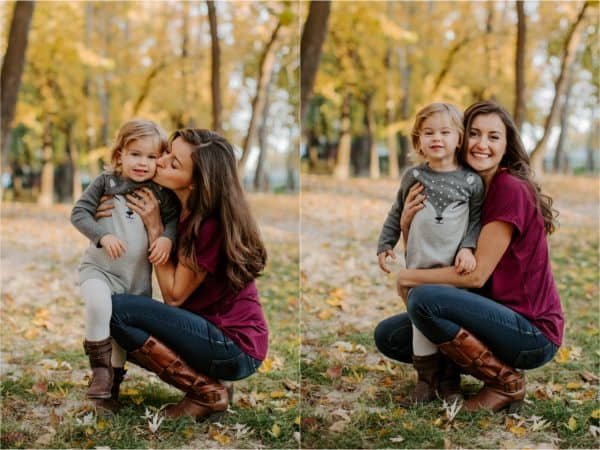Two photos of a mother and daughter with fall trees in the background