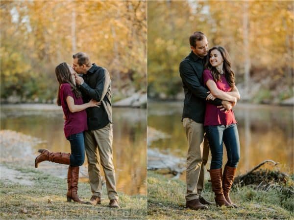 Two photos of a couple posing by the river 