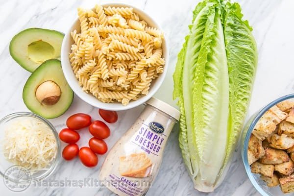 Ingredients for caesar pasta salad
