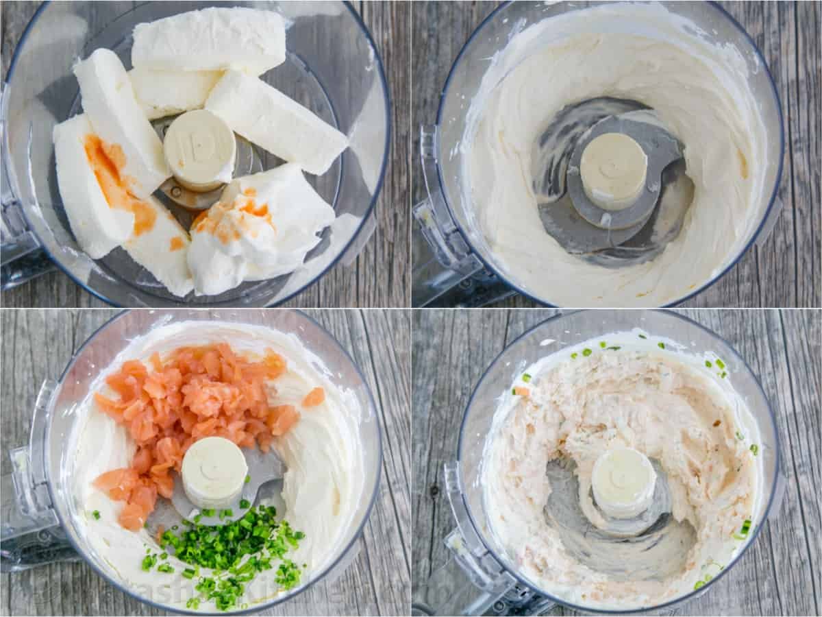 Step-by-step directions on how to make smoked salmon dip with cream cheese and chives