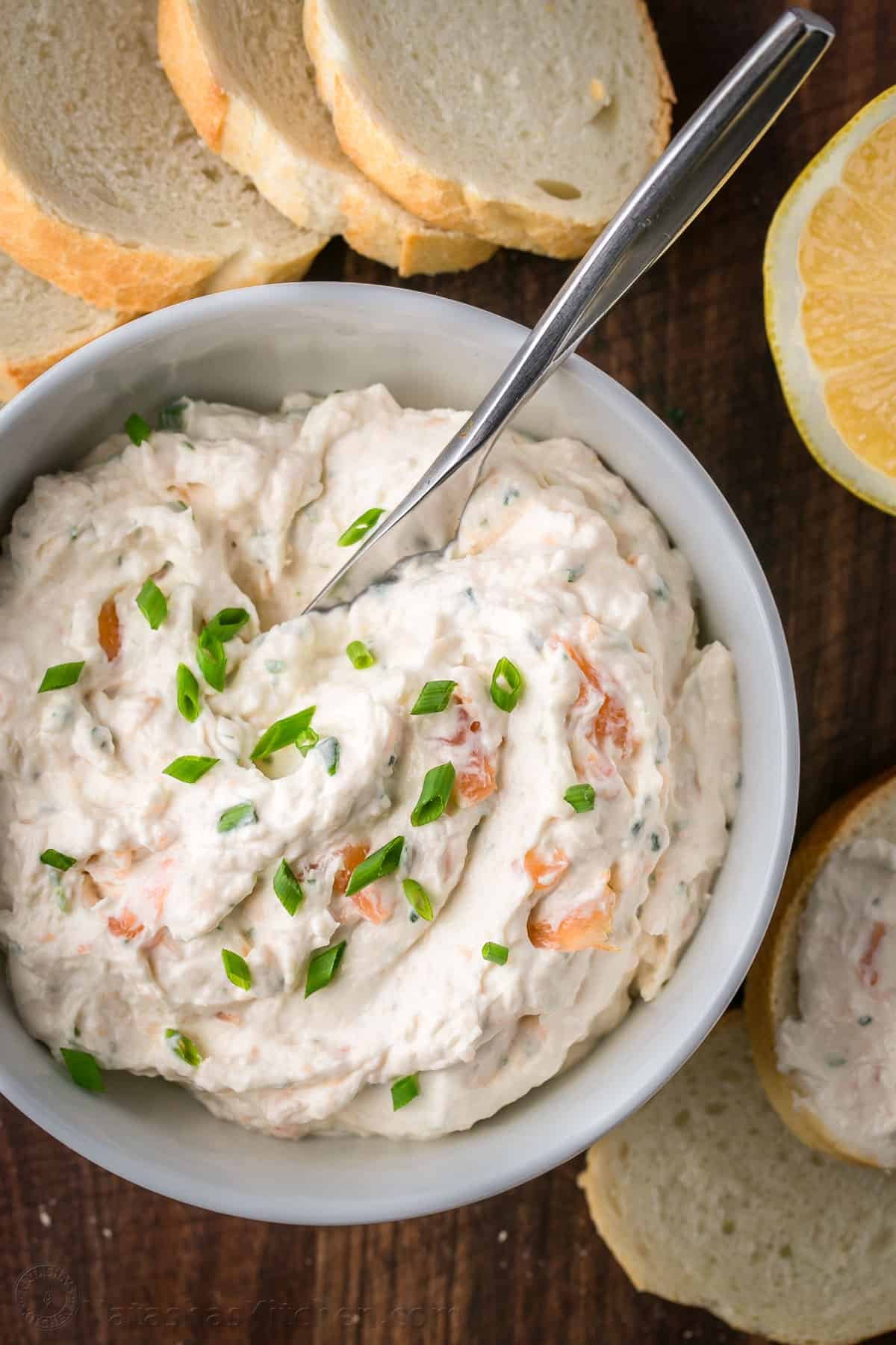 Smoked salmon spread recipe served with crostini baguette slices