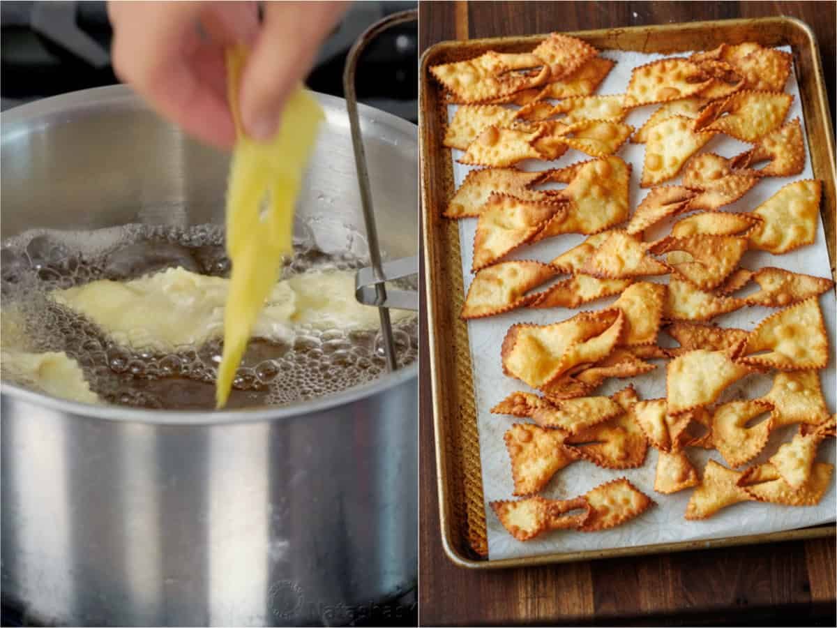 Traditional Angel Wing Cookies (Polish Chrusciki) make a beautiful holiday cookie. These ribbon cookies are dusted with sugar & irresistible. Frying angel wing cookies in oil and letting them drain on a paper towel lined platter