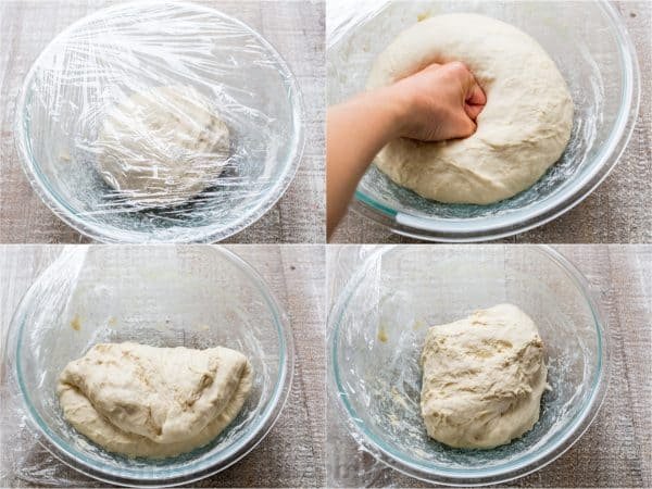 Four photos of dough in a bowl for Wreath Bowl 