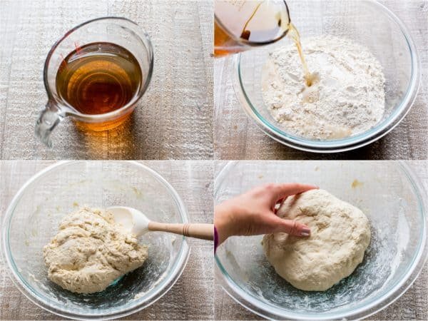 Four photos of dough for Wreath bread being made 