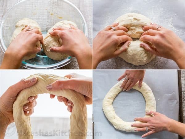 Four photos of dough being shaped into a wreath
