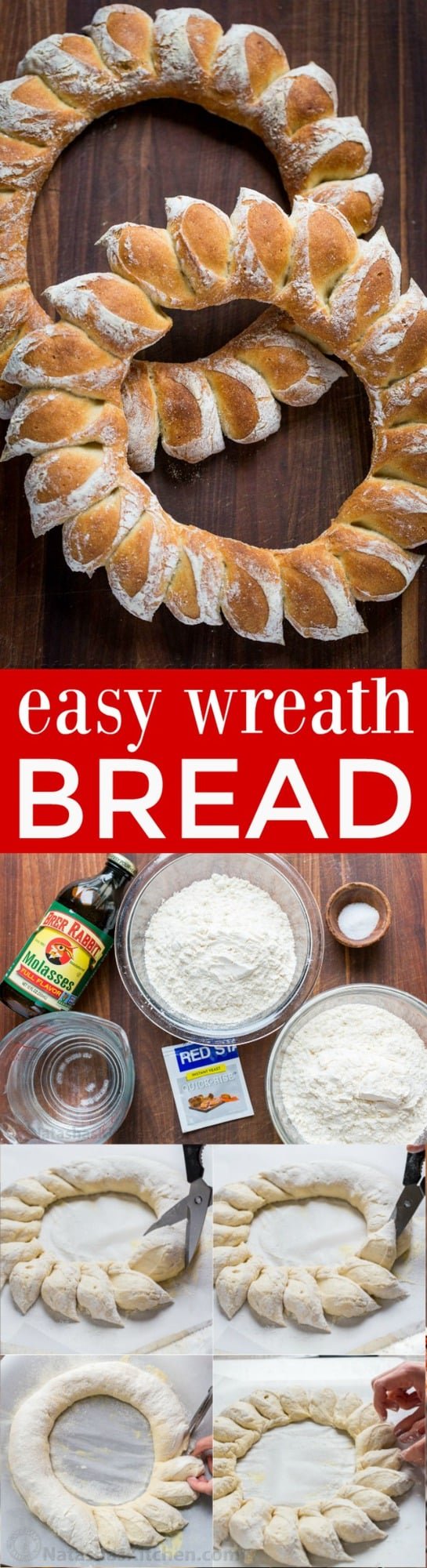 How to Make a Wreath Bread with DIY video! Wreath bread has a crisp crackly crust and super soft center. Surprisingly easy and impressive Christmas bread wreath! | natashaskitchen.com” width=