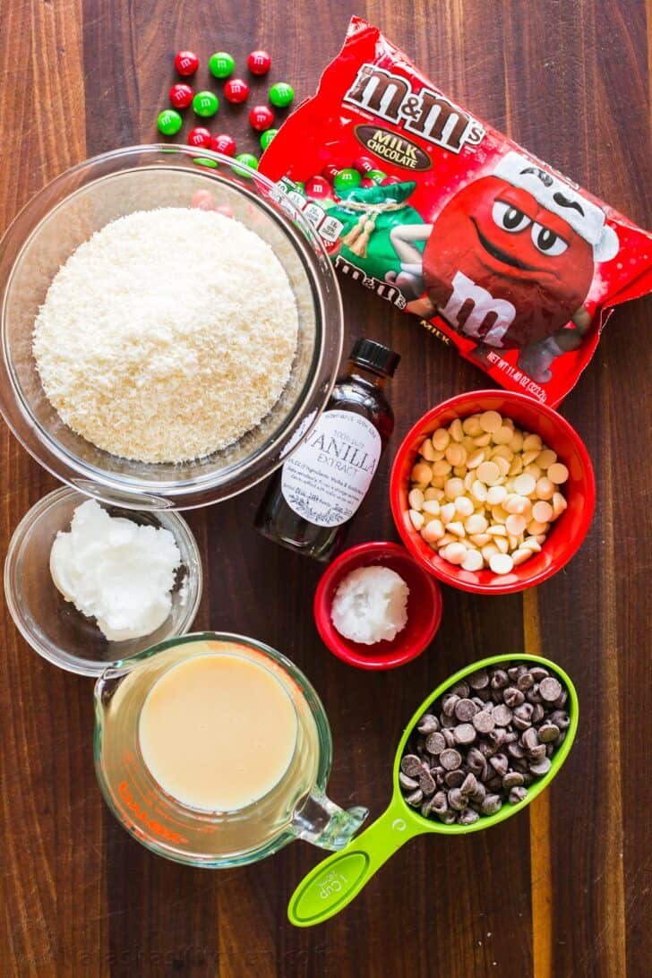Chocolate Coconut Balls are an easy, no-bake treat. These M&M Christmas coconut candies are perfect for your holiday cookie platter. Ingredients for coconut balls