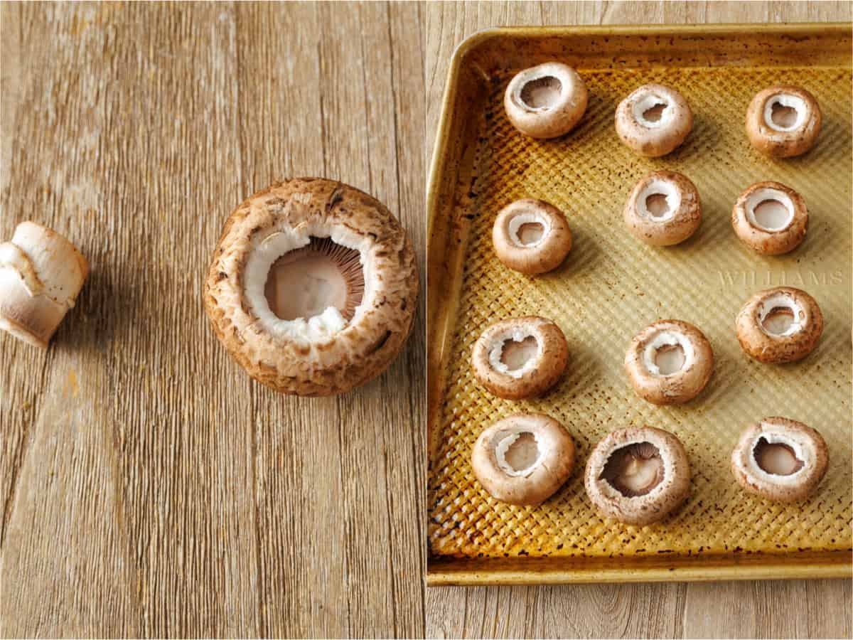 This is the best stuffed mushrooms recipe for your next party. The bite-sized appetizer is stuffed with cream cheese, bacon bites and garlic. Removed stems to bake champignon caps on a baking dish
