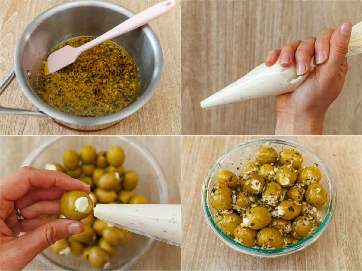 How to make Stuffed Olives step by step. Prepare the marinade, add Boursin cheese to a piping bag, pipe into pitted green olives, and toss the stuffed olives in the herbed marinade. How to make Stuffed Olives step by step. Prepare the marinade, add Boursin cheese to a piping bag, pipe into pitted green olives, and toss the stuffed olives in the herbed marinade.