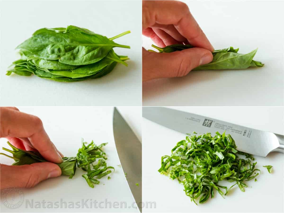 How to chop basil with the chiffonade method into ribbons. 