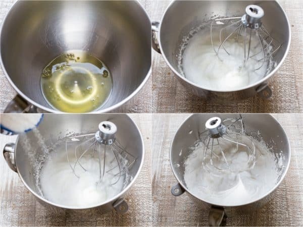 Four photos of egg whites being beaten 