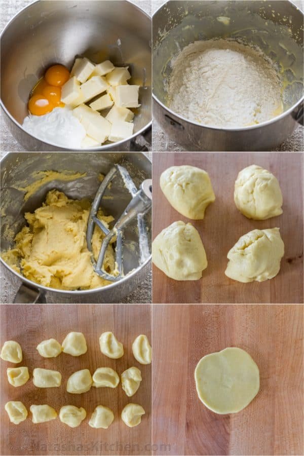 Six photos of dough for meringue shell cookies being made and shaped