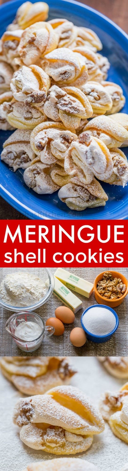 Meringue Shell Cookies have a crisp ribbon of meringue and soft crumbly center. These walnut meringue cookies are completely irresistible Christmas cookies! | natashaskitchen.com