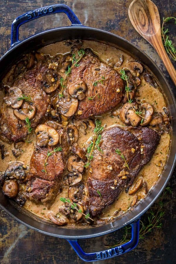 Pan Seared Filet Mignon basted in creamy mushroom sauce