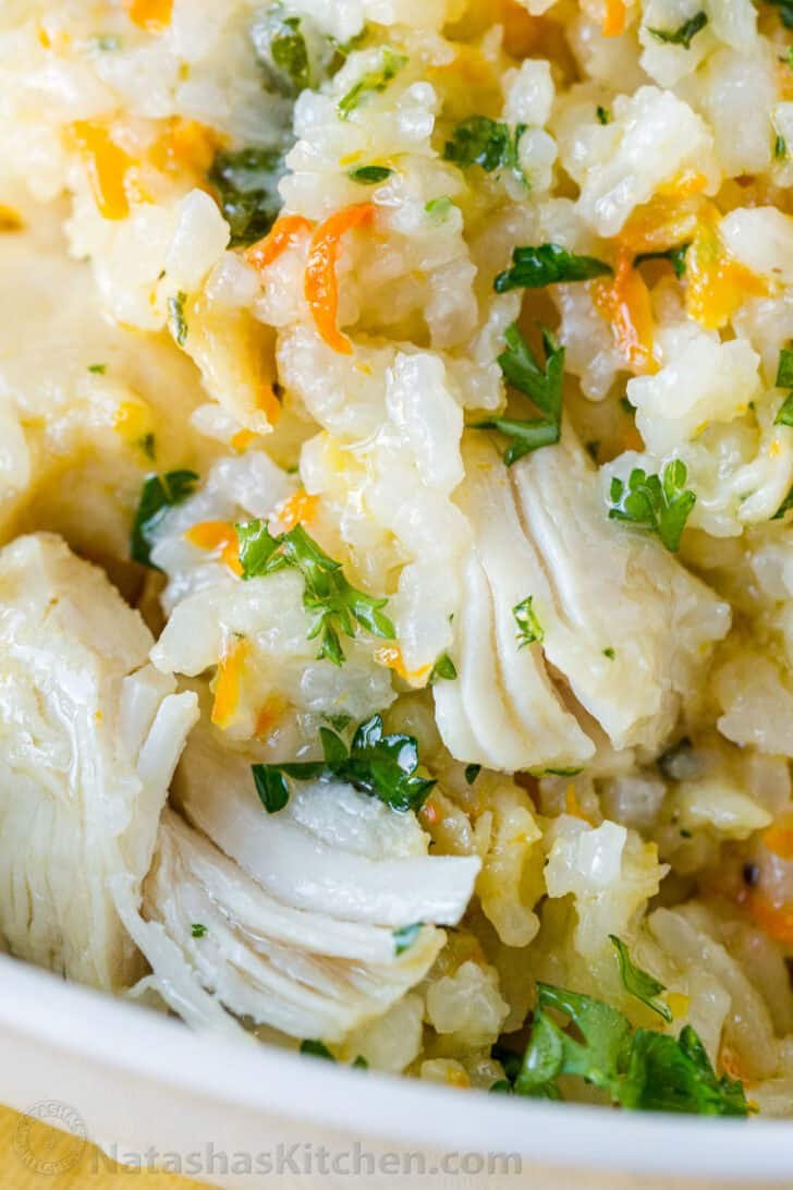 Best chicken and rice from instant pot in a serving bowl with tender chicken